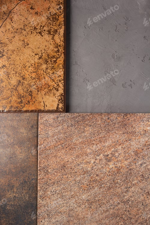 Preview: Tile samples at cement floor background texture. Concrete wall and tiles with