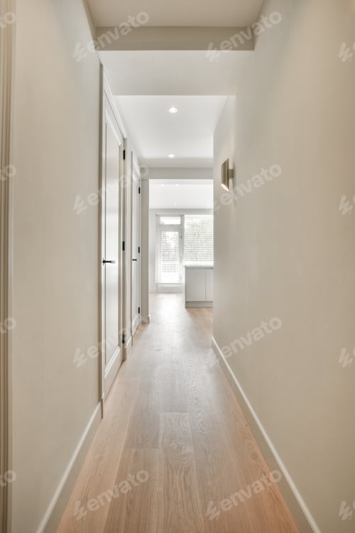 Preview: Narrow corridor with doors and lamp