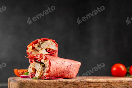 Preview: Shawarma wrap chicken and vegetables pink lavash doner kebab tasty snack fresh food