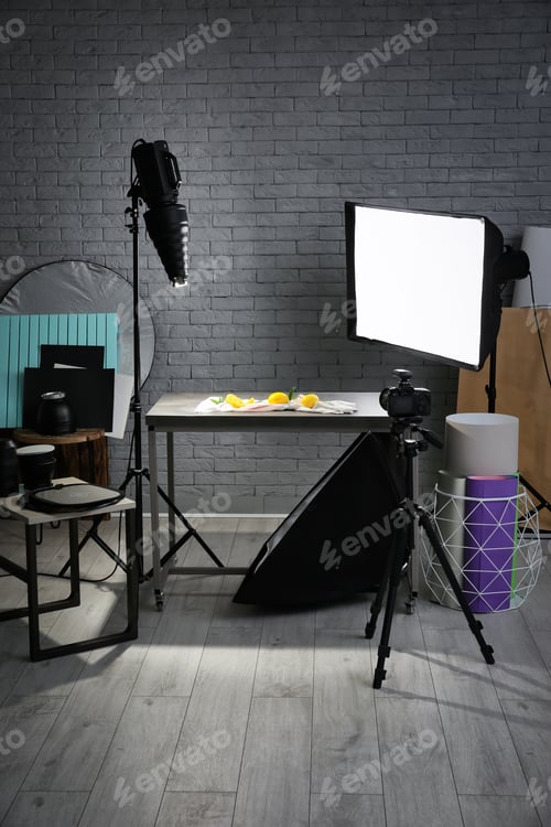 Preview: Photo studio with professional lighting equipment for shooting food