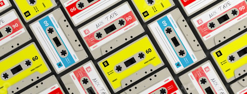 Preview: Vintage audio cassettes background, banner. 3d illustration