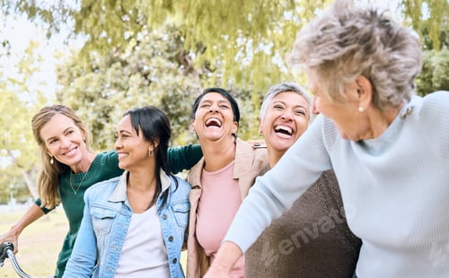 Preview: Senior women, park and friends laughing at funny joke, crazy meme or comedy outdoors. Comic, happy