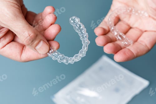 Preview: Hands holding transparent aligners. Invisalign orthodontics concept