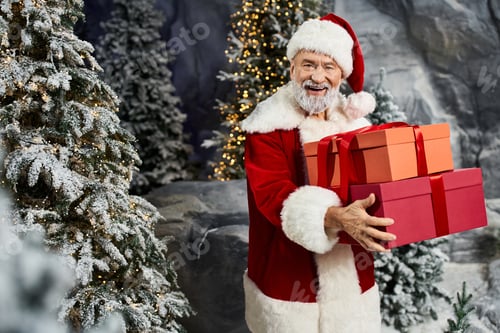 Preview: A joyful Santa Claus holding colorful presents in a snowy winter wonderland