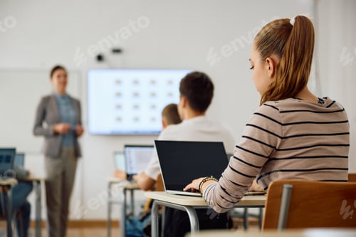 Preview: Rear view of female high school student learning computer programing during IT class in classroom.