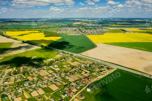 Preview: Top view of the yellow rapeseed field and the village. A sown field of rapeseed in Belarus.The