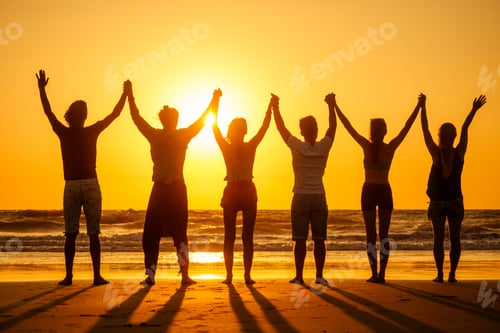 Preview: six health people in stand hatha position with hand up raced and breath full chest in Goa