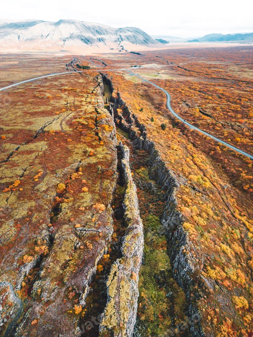 Preview: Drone view, vertical photo of Thingvellir National Park where two tectonic plates meet