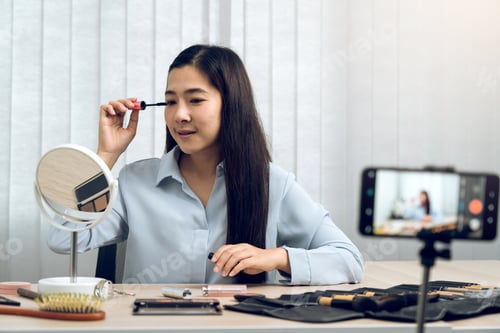 Preview: Asian teenage girls doing makeup vlogs and using a video mobile camera