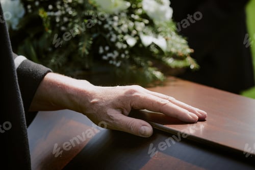 Preview: Caucasian Middle Aged Man Placing Hand on Coffin during Funeral Ceremony