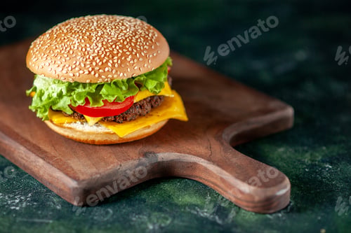 Preview: front view meat hamburger on dark background sandwich burger kfc fast-food french fries meal color