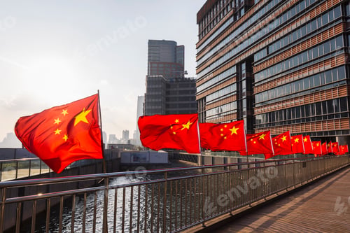 Preview: Row of Chinese flags on Huangpu river promenade, Shanghai, China