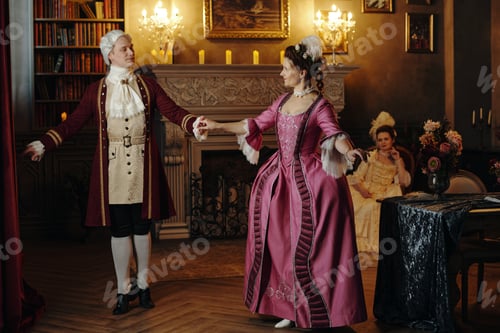 Preview: Middle Aged Caucasian Man and Woman Performing Baroque Era Dance in Ballroom