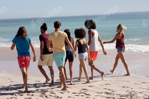 Preview: Multi-ethnic group of male and female standing on the beach