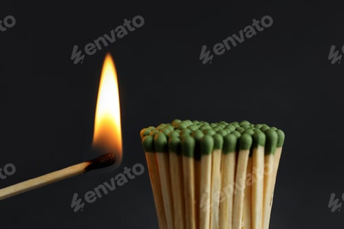 Preview: Burning match near unlit ones on dark background, closeup