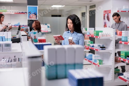 Preview: Senior woman analyzing medicaments and pharmaceutics