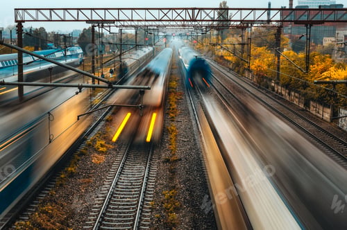 Preview: High-angle of trains passing by in Bucharest railway with a long exposure effect