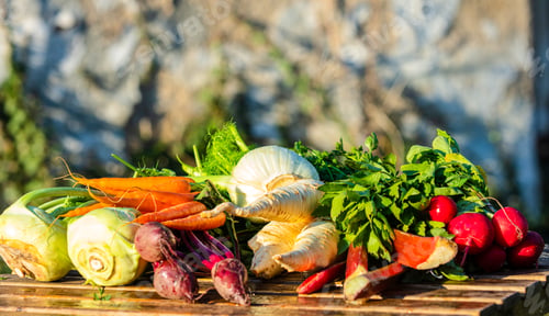 Preview: Vegetables on a table at countryside
