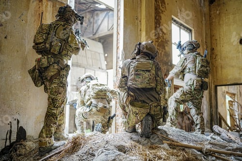 Preview: Soldier in full US MARSOC armed with assault rifle run through the abandoned building. Military