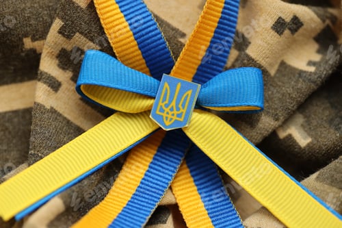 Preview: Military camouflage fabric with ukrainian stripes on ribbon