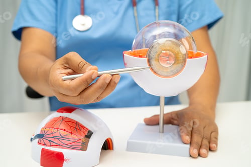 Preview: Asian doctor with eye human anatomy model for study diagnosis and treatment in hospital.