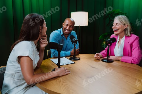 Preview: Group of three diverse hosts having a podcast discussion