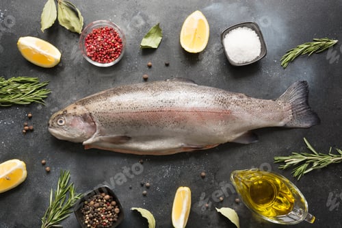 Preview: Delicious trout with herbs, spices on grey. Healthy food. Cooking concept.