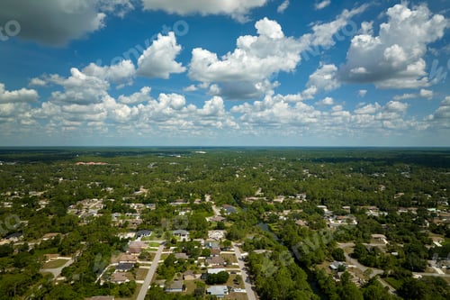 Preview: Aerial landscape view of suburban private houses between green palm trees in Florida
