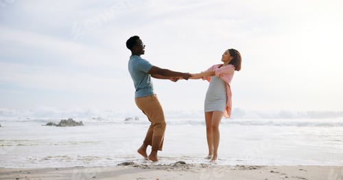 Vista previa: Love, dance and energy with interracial couple at beach for travel destination, summer and honeymoo