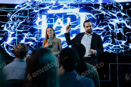Preview: AI-driven speech with business people presenters during panel debate