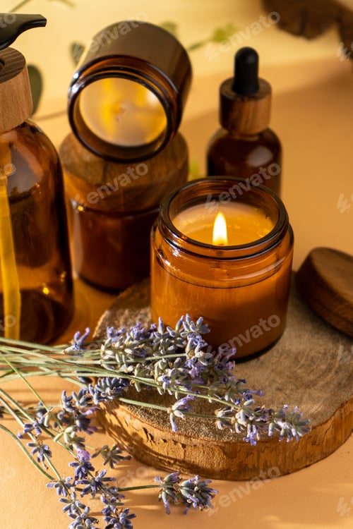 Preview: Soy candles in a glass jar. Aromatherapy. Burning candle and lavender.