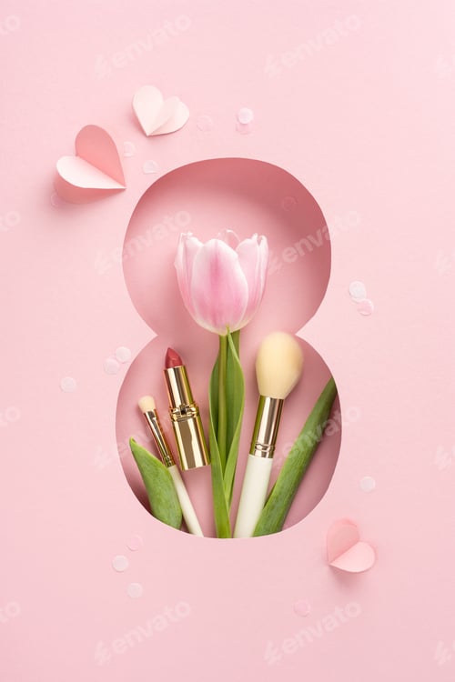 Preview: Vertical representation of femininity with a pink tulip, makeup items