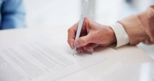 Preview: Documents, hand and pen for signature with business person closeup in office for agreement or contr