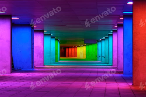 Preview: Colorful mulitcolord illuminated gallery tunnel near Museum Park, Rotterdam, The Netherlands