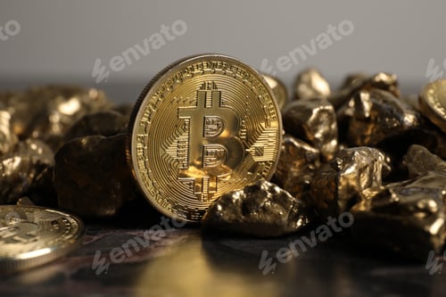 Preview: Bitcoins and gold nuggets on table, closeup