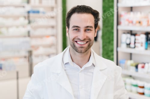 Preview: Pharmacist in white medical coat smiling and looking at camera in pharmacy drugstore