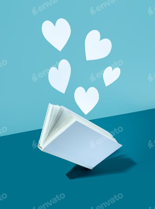 Preview: Floating Cute paper heart and white cover book on bold color blue-aquamarine-turquoise background