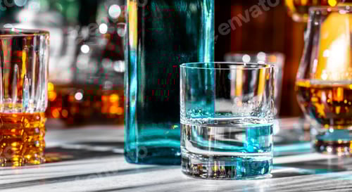 Preview: Dry gin in glass with sapphire blue bottle and strong drinks bottles on dark green background
