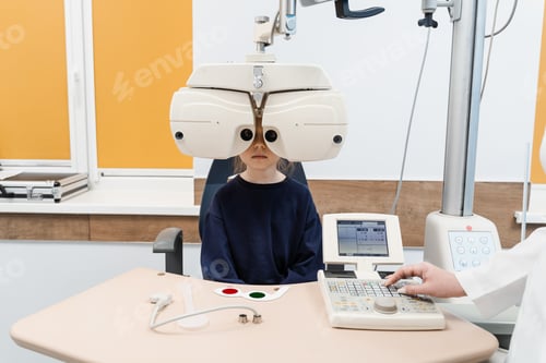 Preview: Phoropter exam of child eyes by pediatric ophthalmologist for vision assessment