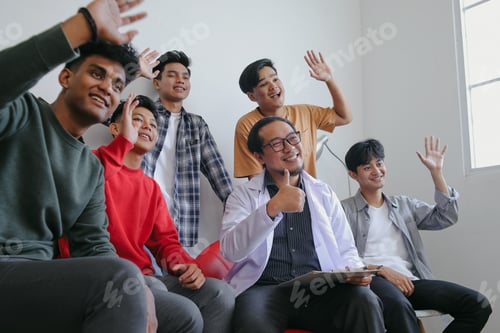 Preview: Portrait Of Diverse People Group Greeting With Say Hi