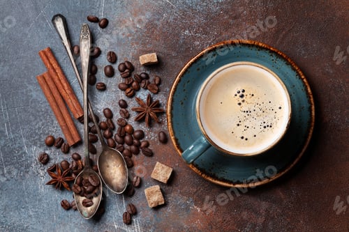 Preview: Coffee cup, beans and sugar
