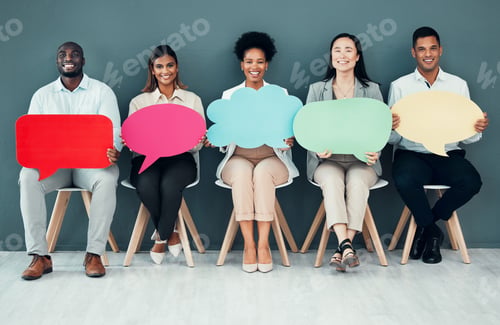 Preview: Speech bubble, business people and advertising for recruitment, opportunity and join us in waiting