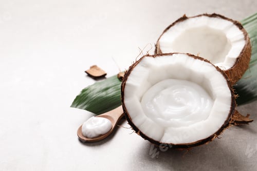 Preview: Ripe coconut and cream on light grey table. Space for text