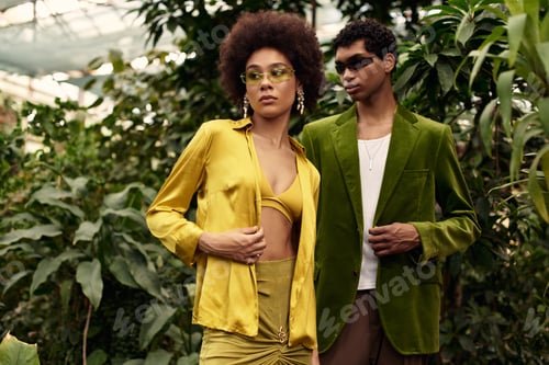 Preview: Young couple exploring love among lush greenery in a vibrant greenhouse setting