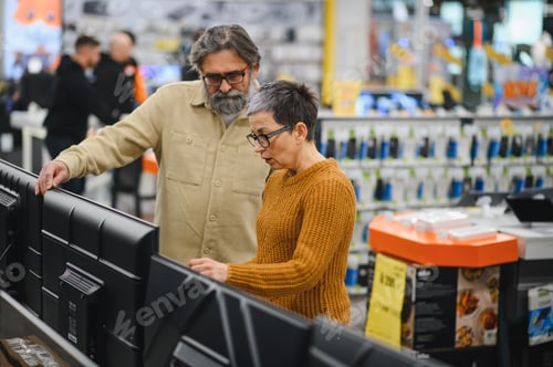 Preview: Couple shopping for new tv in electronics store