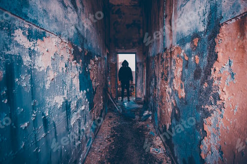 Preview: Dramatic portrait of a man wearing a gas mask in a ruined building.