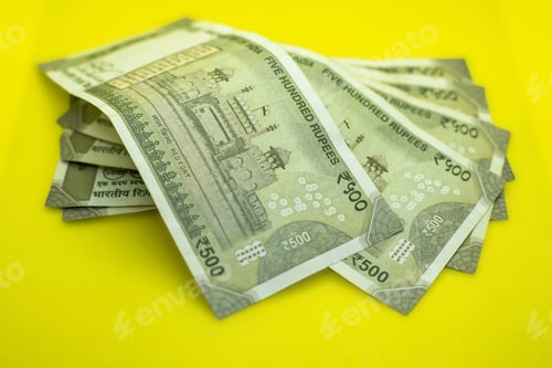 Preview: Closeup of Indian 500 Rupee notes on vibrant yellow background