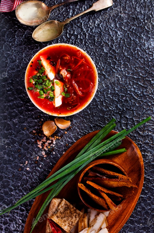 Preview: Russian beeet soup borsh, linen tablecloth, green