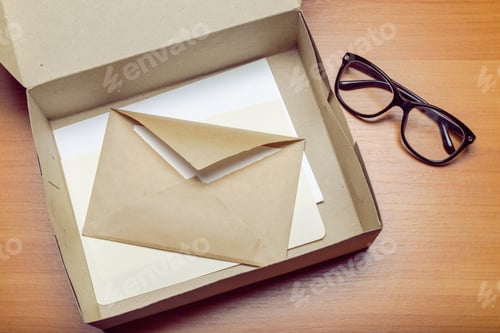 Preview: Open Box with Envelope and Eyeglasses on Wood