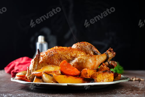 Roasted Chicken with Potatoes on a Plate